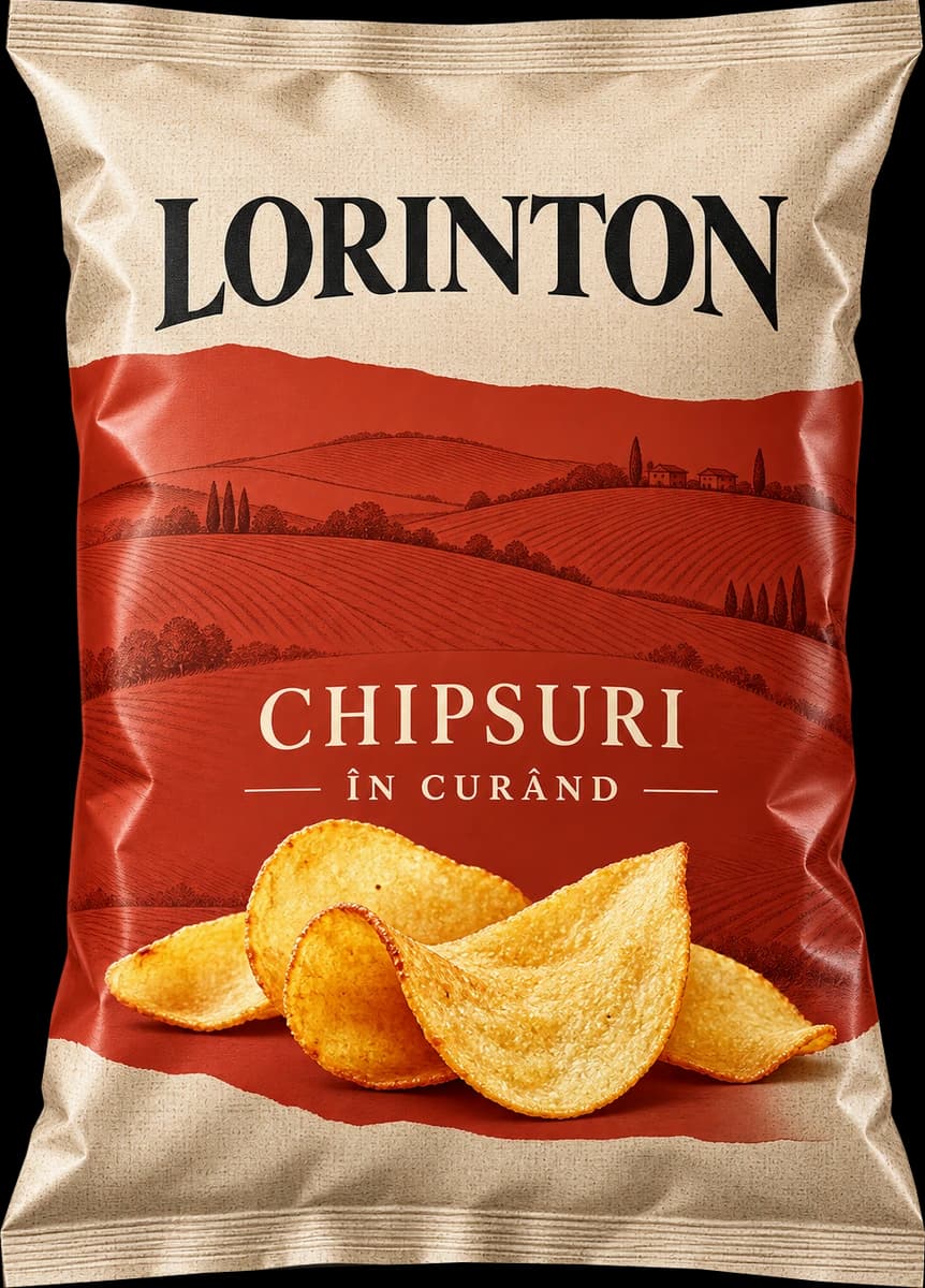Ambalaj conceptual LORINTON, crem și teracotă, cu peisaj ilustrat și chipsuri